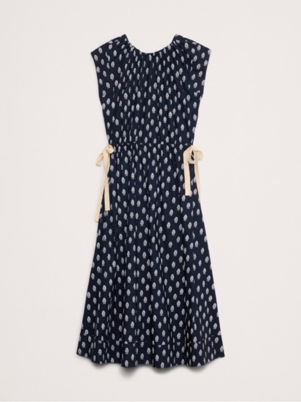 Banana Republic Navy Blue Midi Dress with White Leaf Print and adjustable waist.
